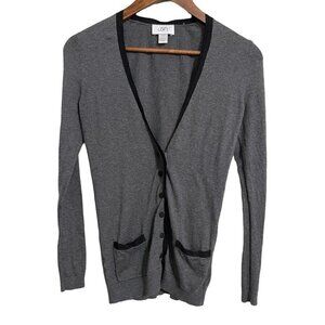 Ann Taylor LOFT Womens Gray Black Trim Pockets Button Up Cardigan Sweater XS